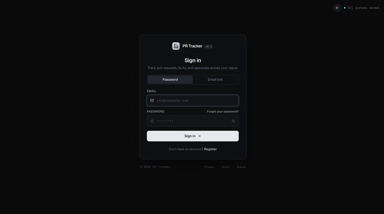 PR Tracker sign-in screen with password and email-link authentication options